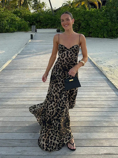 Women's Leopard Print Maxi Dress with Spaghetti Straps and V-Neck