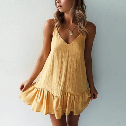 Women's Spaghetti Strap Ruffle Mini Dress with V-Neck Design