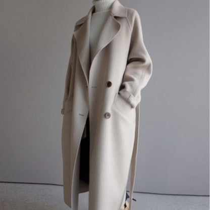 Women's Belted Longline Coat with Oversized Lapels and Pockets