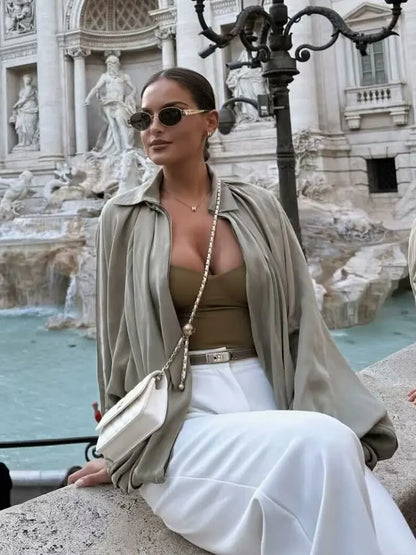 Women's Loose Fit Bomber Jacket with Long Puff Sleeves and Zip Front