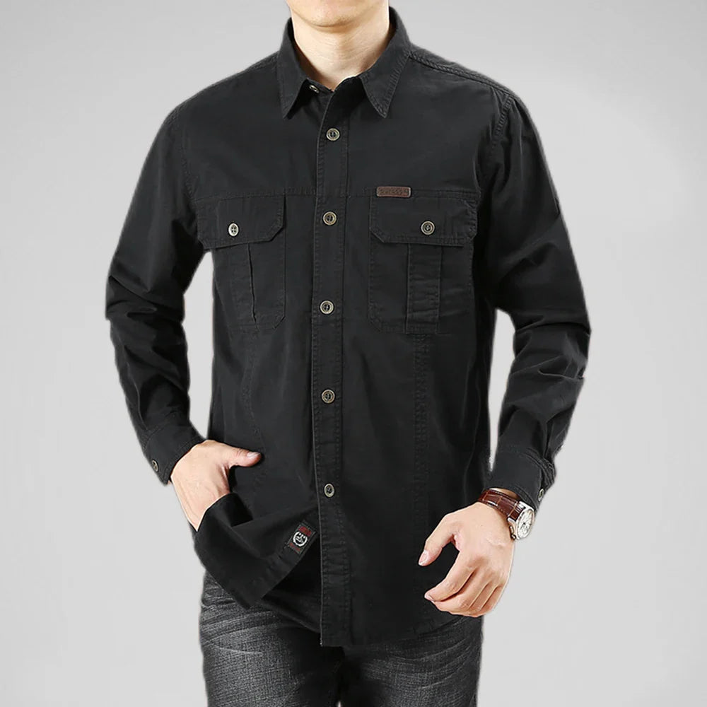 Men's Long-Sleeve Button-Front Shirt with Point Collar Design