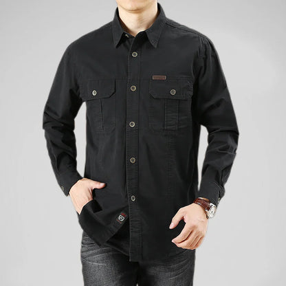 Men's Long-Sleeve Button-Front Shirt with Point Collar Design
