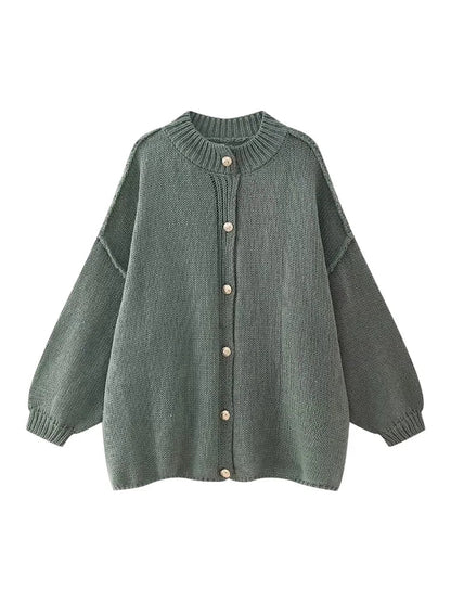 Women's Bat Sleeve Cardigan with Lapel and Metal Button Detail