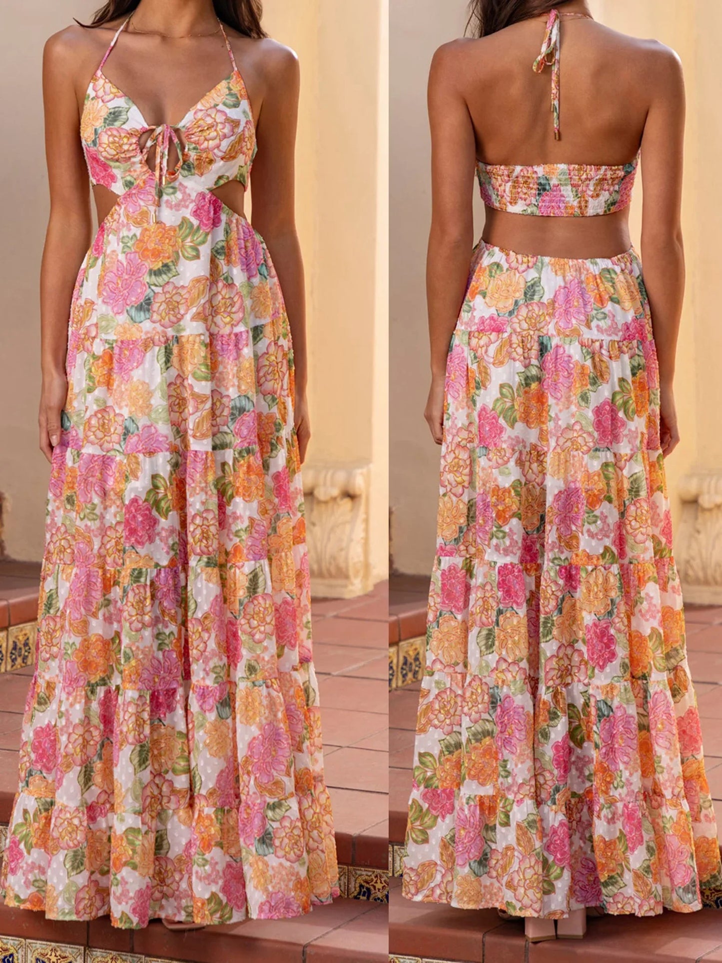 Women's Floral Cut-Out Maxi Dress with Tie Front and Spaghetti Straps