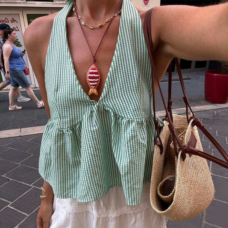 Women's Halter Babydoll Crop Top with Tie Back and Stripes