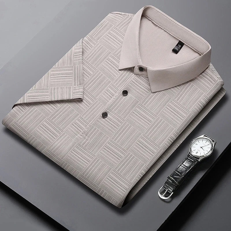 Men's Short Sleeve Polo Shirt with Geometric Print and Classic Collar