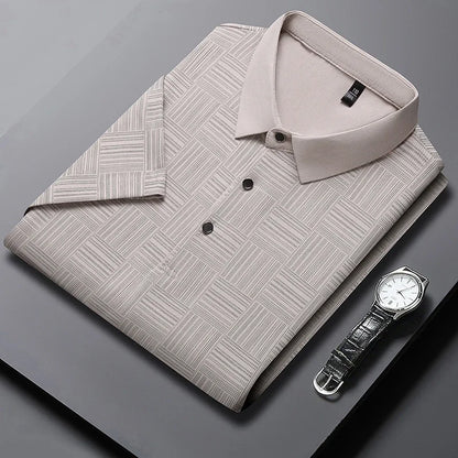 Men's Short Sleeve Polo Shirt with Geometric Print and Classic Collar
