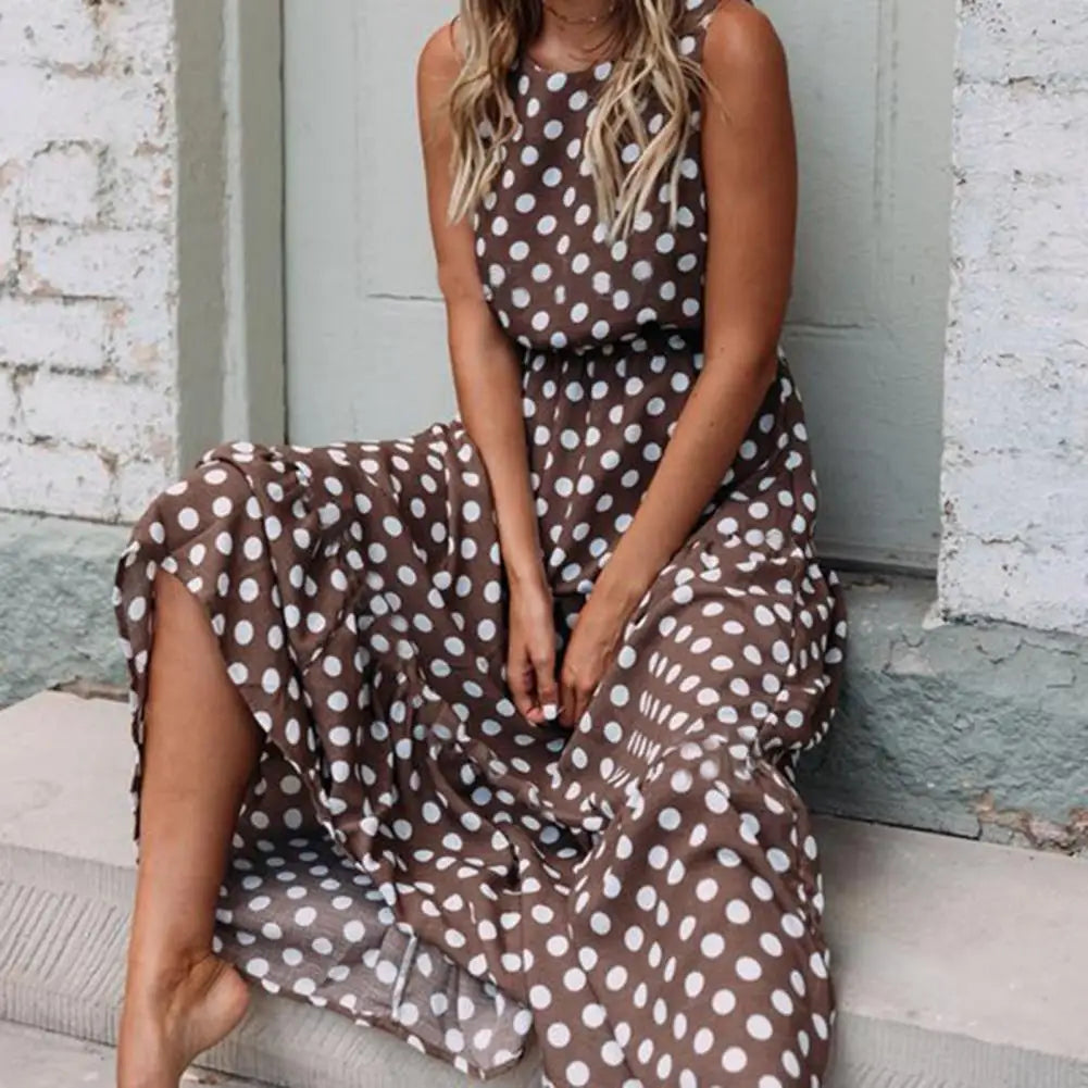 Women's Sleeveless Polka Dot Maxi Dress with Relaxed Fit