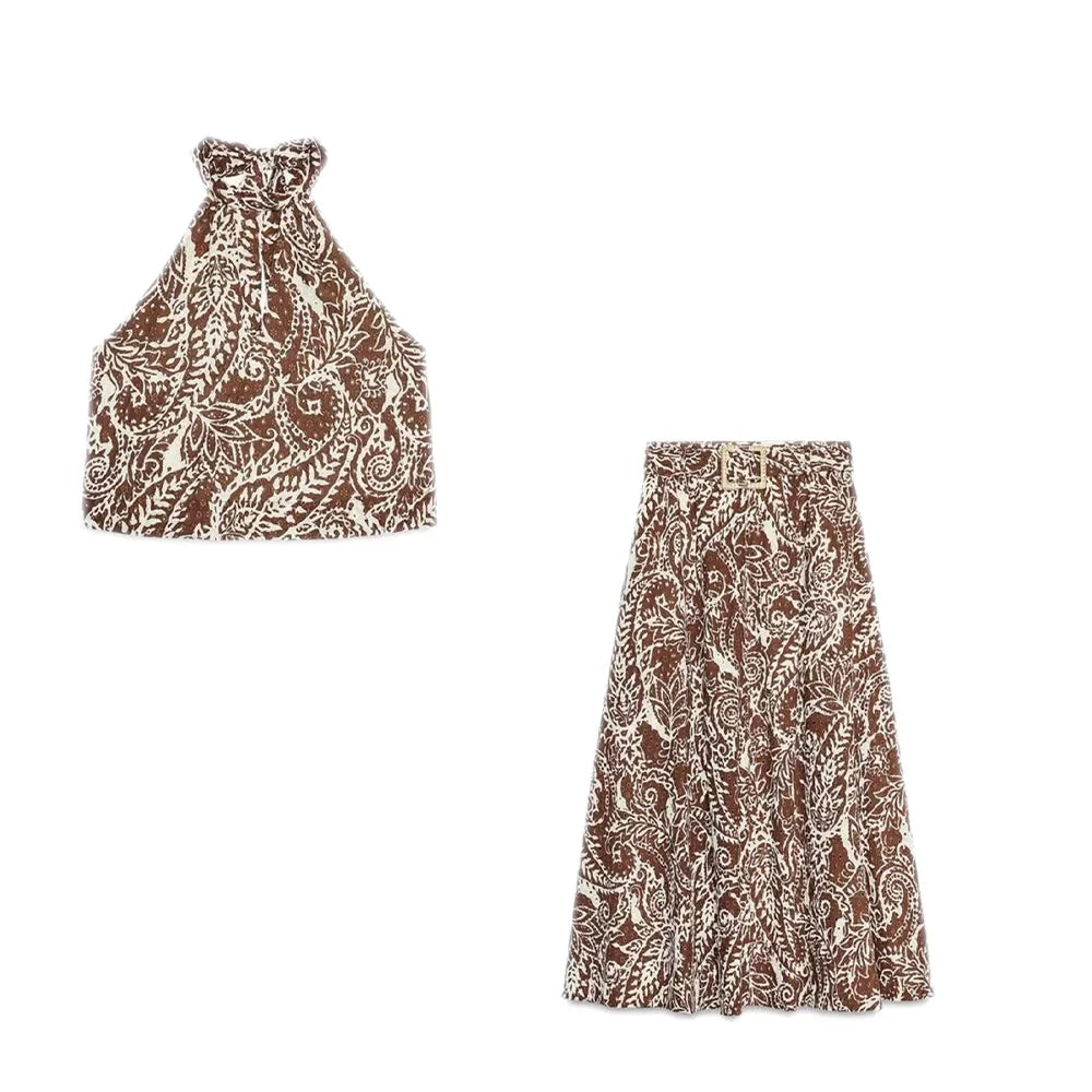 Women's Two-piece Printed Halter Crop Top and High-Waisted A-Line Skirt Set