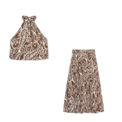 Women's Two-piece Printed Halter Crop Top and High-Waisted A-Line Skirt Set