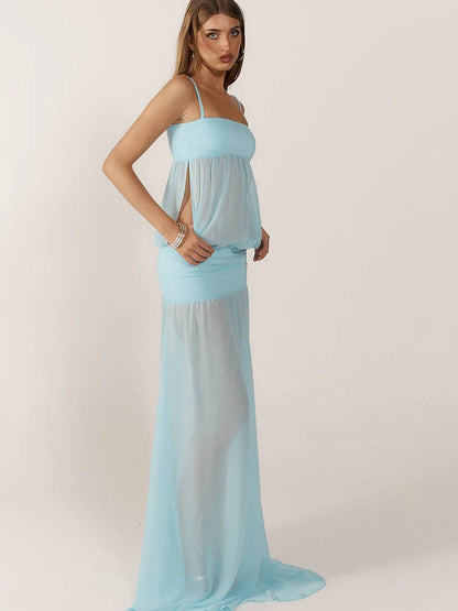 Women's Sheer Maxi Dress with Spaghetti Straps and Side Cut-Outs