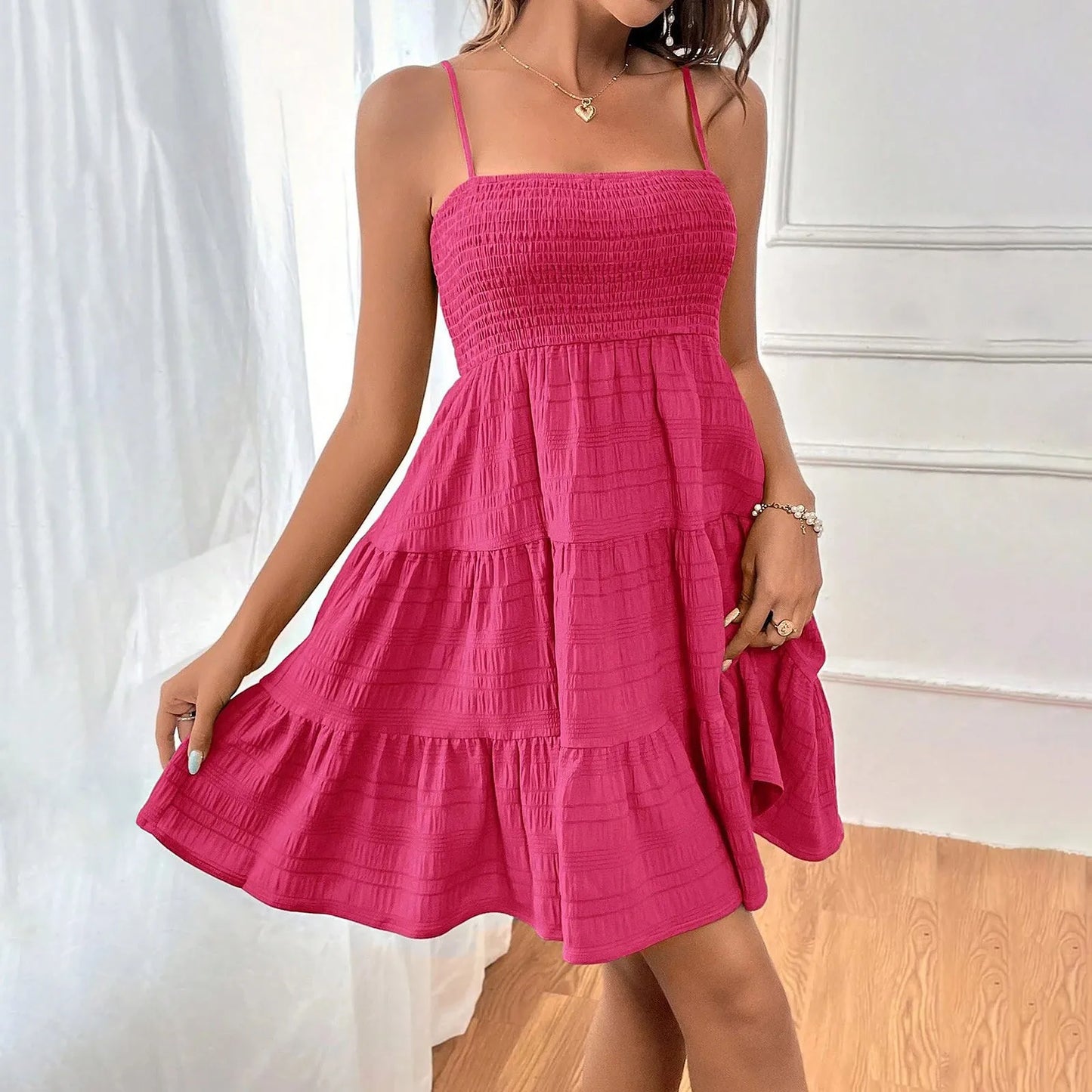 Women's Tiered Mini Dress with Smocked Bodice and Straps