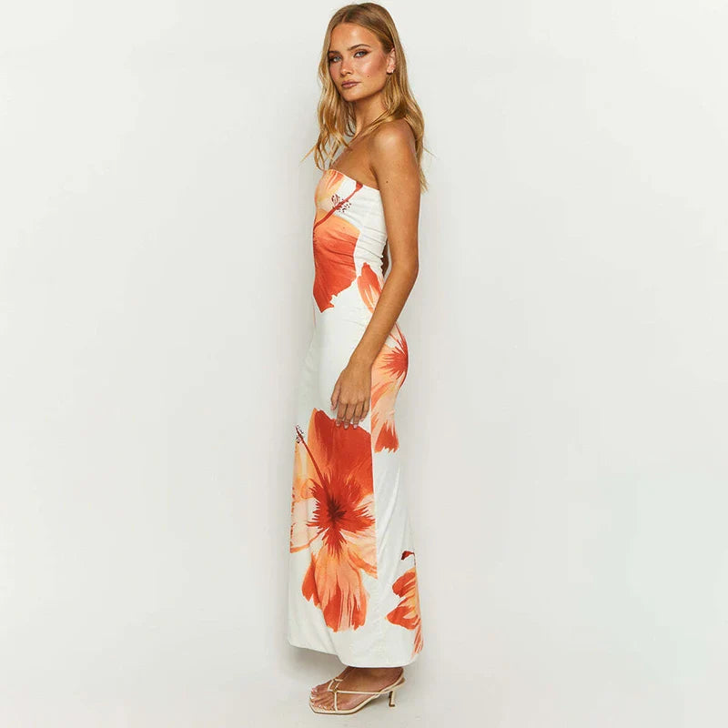 Women's Strapless Floral Print Bodycon Maxi Dress