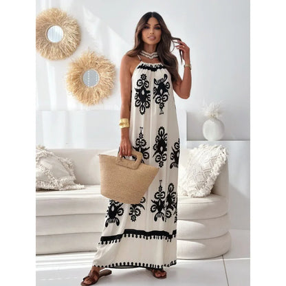 Women's Printed Maxi Dress with Halter Neck and Spaghetti Straps