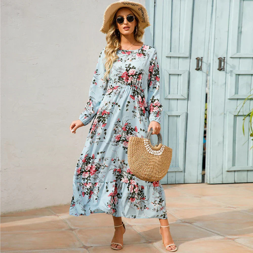 Women's Long Sleeve Maxi Dress with Floral Print and Cinched Waist