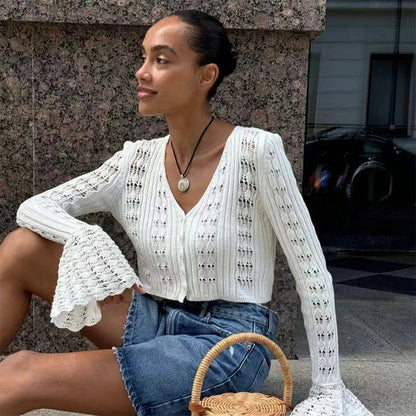 Women's Crochet Knit Long Sleeve Cardigan with V Neck and Button Front