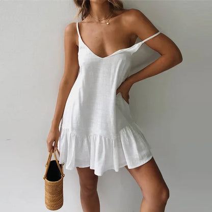 Women's Spaghetti Strap Ruffle Mini Dress with V-Neck Design