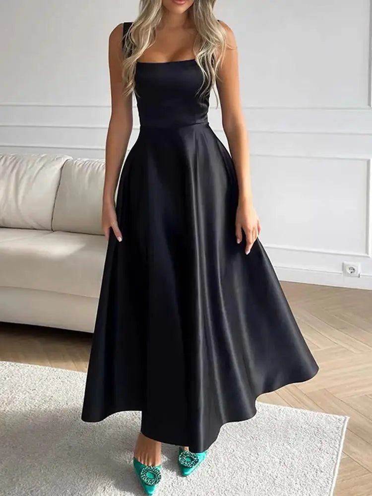 Women's Elegant Sleeveless Satin Midi Dress