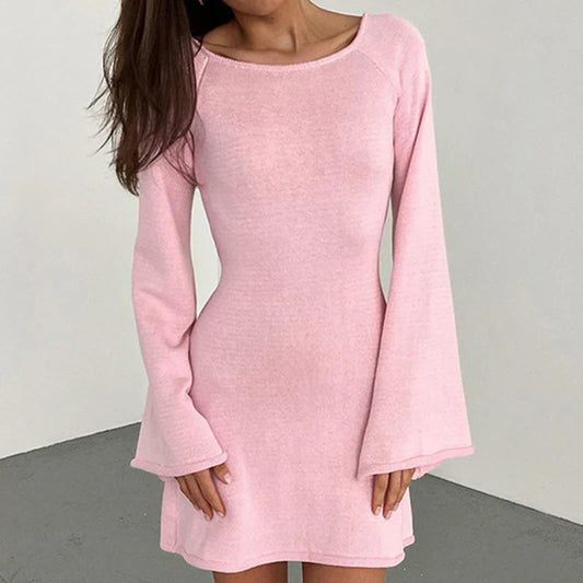 Women's Backless Knit Mini Dress with Bell Sleeves and Tie Back
