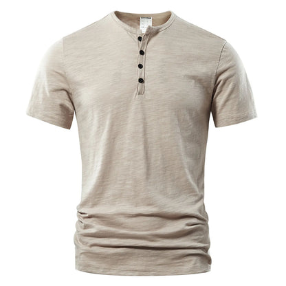 Men's Casual Short Sleeve Cotton Henley Polo Shirt with Buttons