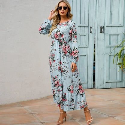 Women's Long Sleeve Maxi Dress with Floral Print and Cinched Waist