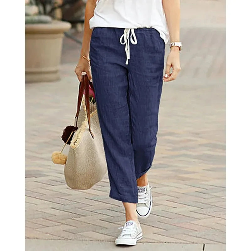 Women's Cotton Drawstring Casual Pants with Elastic Waistband