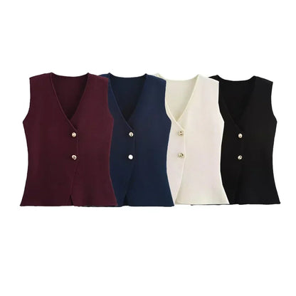 Women's Button-Front Knitted Vest Top with Sleeveless Design