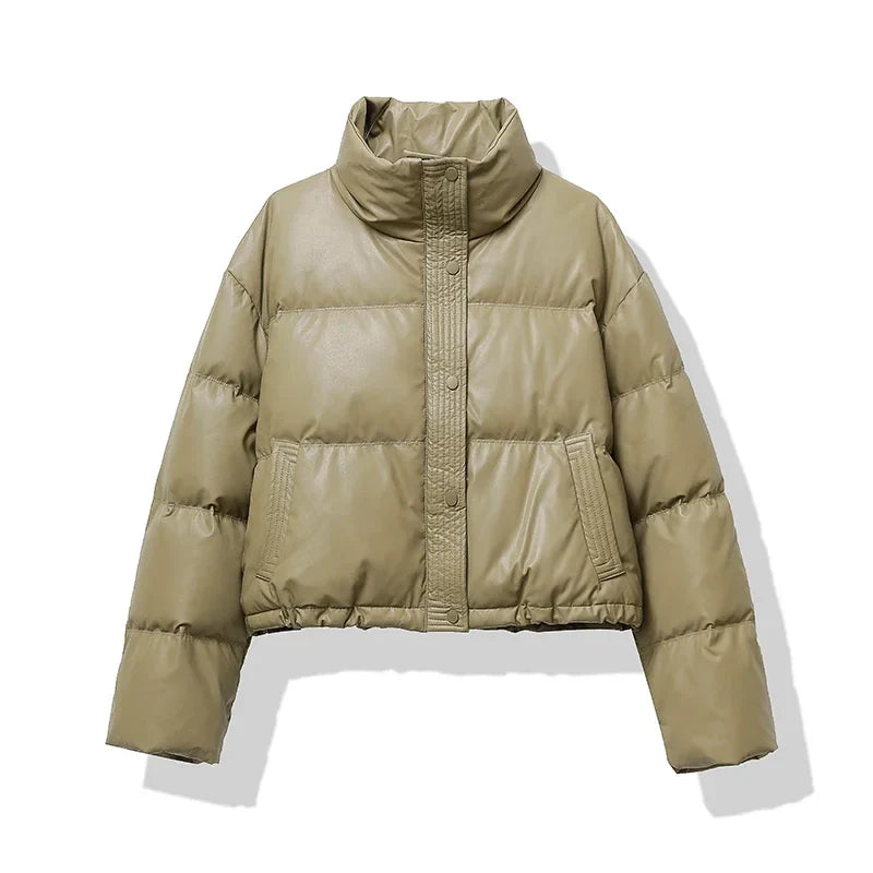Women's Puffer Jacket with Mock Neck and Short Quilted Design