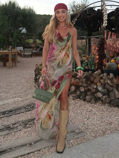 Women's Floral Maxi Dress with Halter Neck and Relaxed Fit