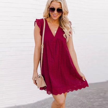 Women's Eyelet Mini Dress with Flutter Sleeves and V-Neck