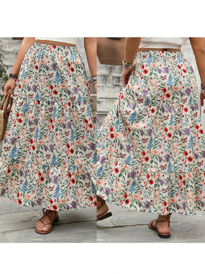 Women's Floral Print Maxi Skirt with Elastic Waist and Tiered Hem