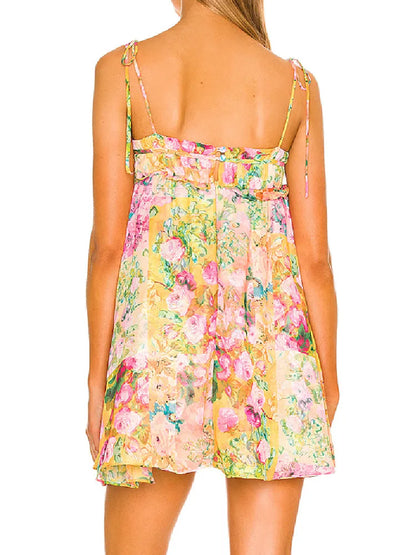Women's Floral Mini Dress with Spaghetti Straps and Ruffle Detail