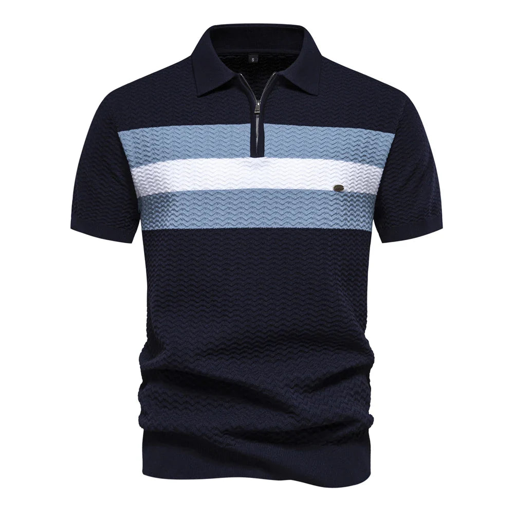 Men's Short-Sleeve Knit Polo Shirt with Striped Chest and Zip Neck