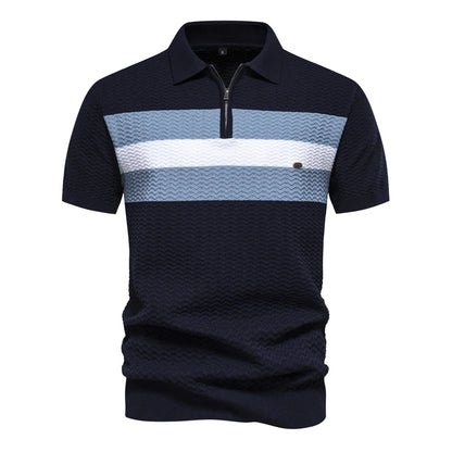 Men's Short-Sleeve Knit Polo Shirt with Striped Chest and Zip Neck