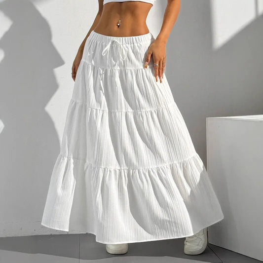 Women's Tiered Maxi Skirt with Drawstring Waist and Flowy Fit