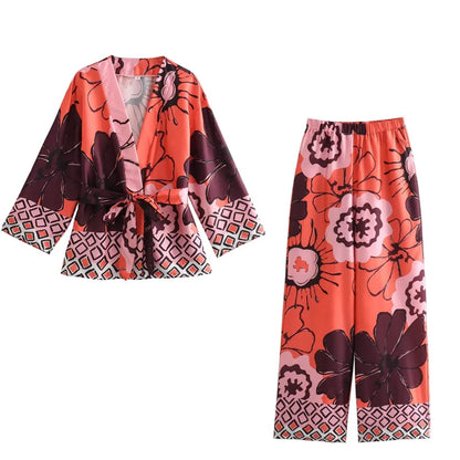 Women's Printed Wide-Leg Two-Piece Set with Belted Kimono Top