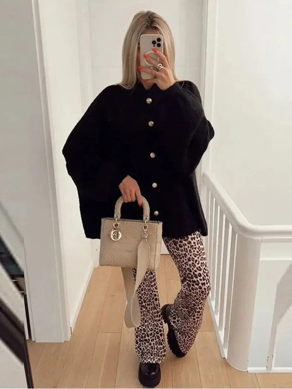 Women's Bat Sleeve Cardigan with Lapel and Metal Button Detail