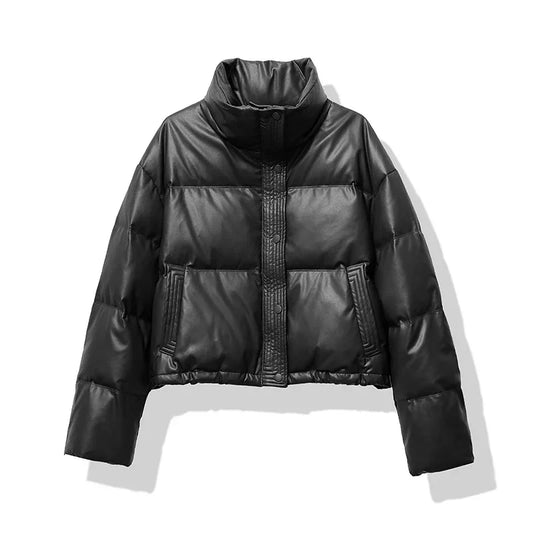 Women's Puffer Jacket with Mock Neck and Short Quilted Design