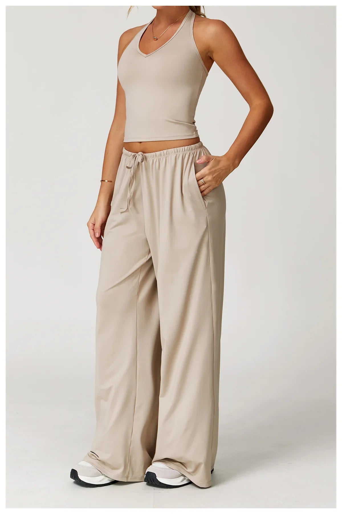 Women’s Two-Piece Lounge Set with Racerback Crop Top and Wide-Leg Pants