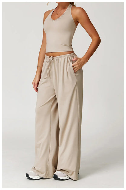 Women’s Two-Piece Lounge Set with Racerback Crop Top and Wide-Leg Pants