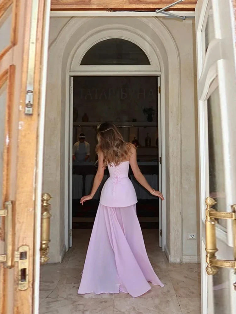 Women's Strapless Maxi Wedding Guest Dress with High Slit and Corset Bodice