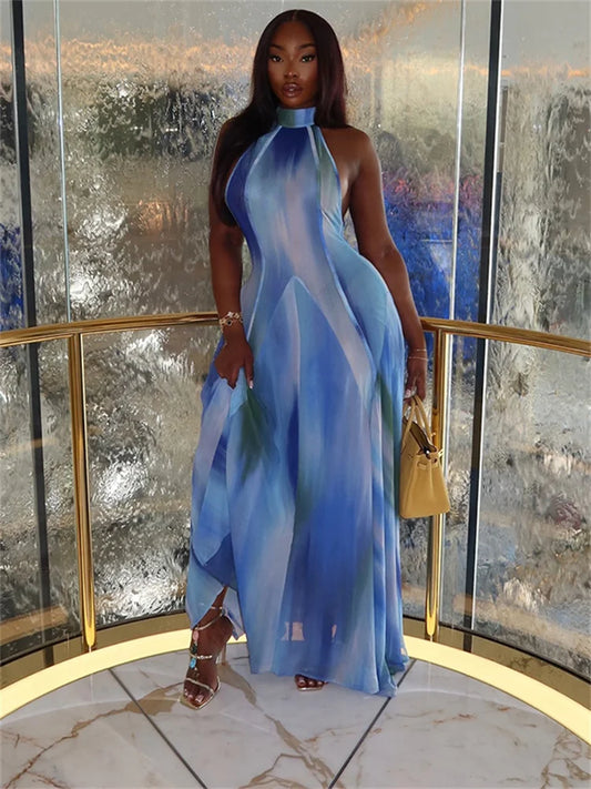 Women's Gradient Halter Maxi Dress with Flowing Silhouette