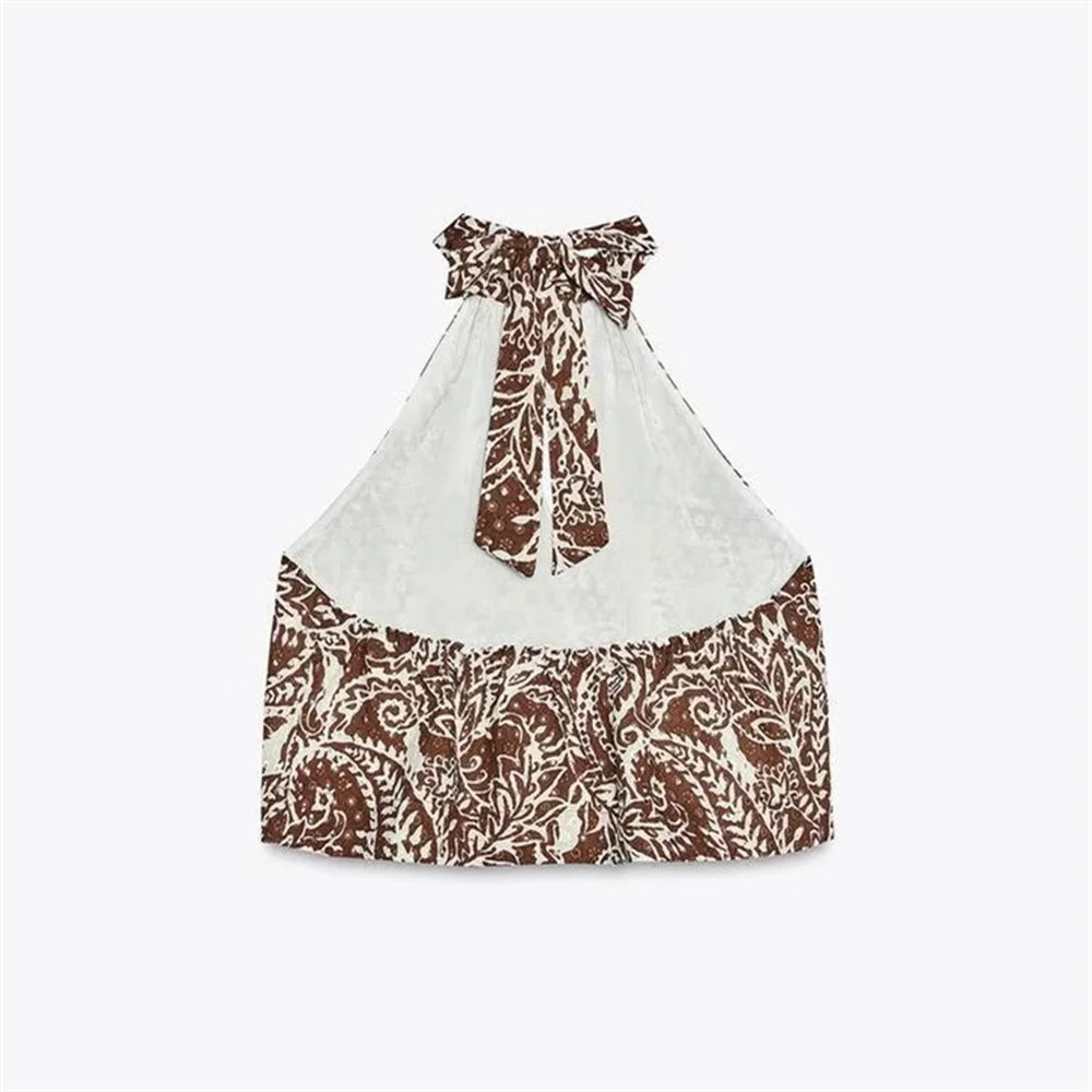 Women's Two-piece Printed Halter Crop Top and High-Waisted A-Line Skirt Set