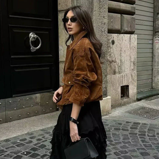 Women's Streetwear Bomber Jacket with Snap Buttons and Flap Pockets