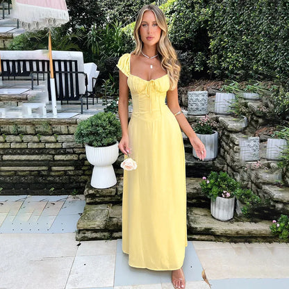 Women's Empire Waist Maxi Dress with Square Neckline and Puff Sleeves