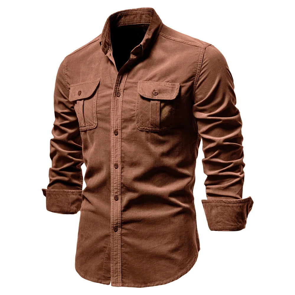 Men's Casual Long-Sleeve Corduroy Shirt with Button-Down Front Style