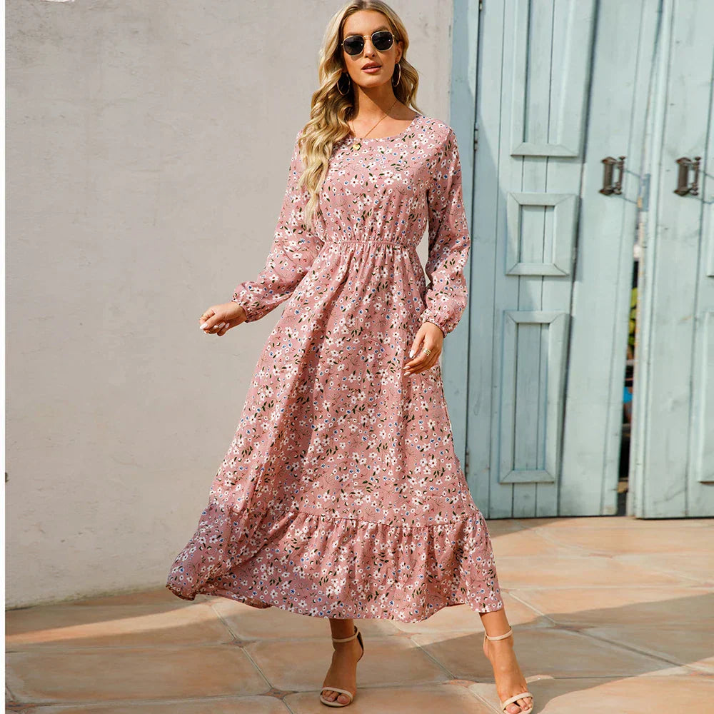 Women's Long Sleeve Maxi Dress with Floral Print and Cinched Waist