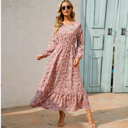Women's Long Sleeve Maxi Dress with Floral Print and Cinched Waist
