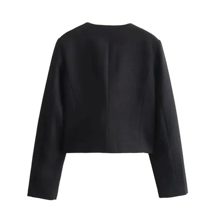 Women's Cropped Bomber Jacket with Round Neck and Long Sleeves