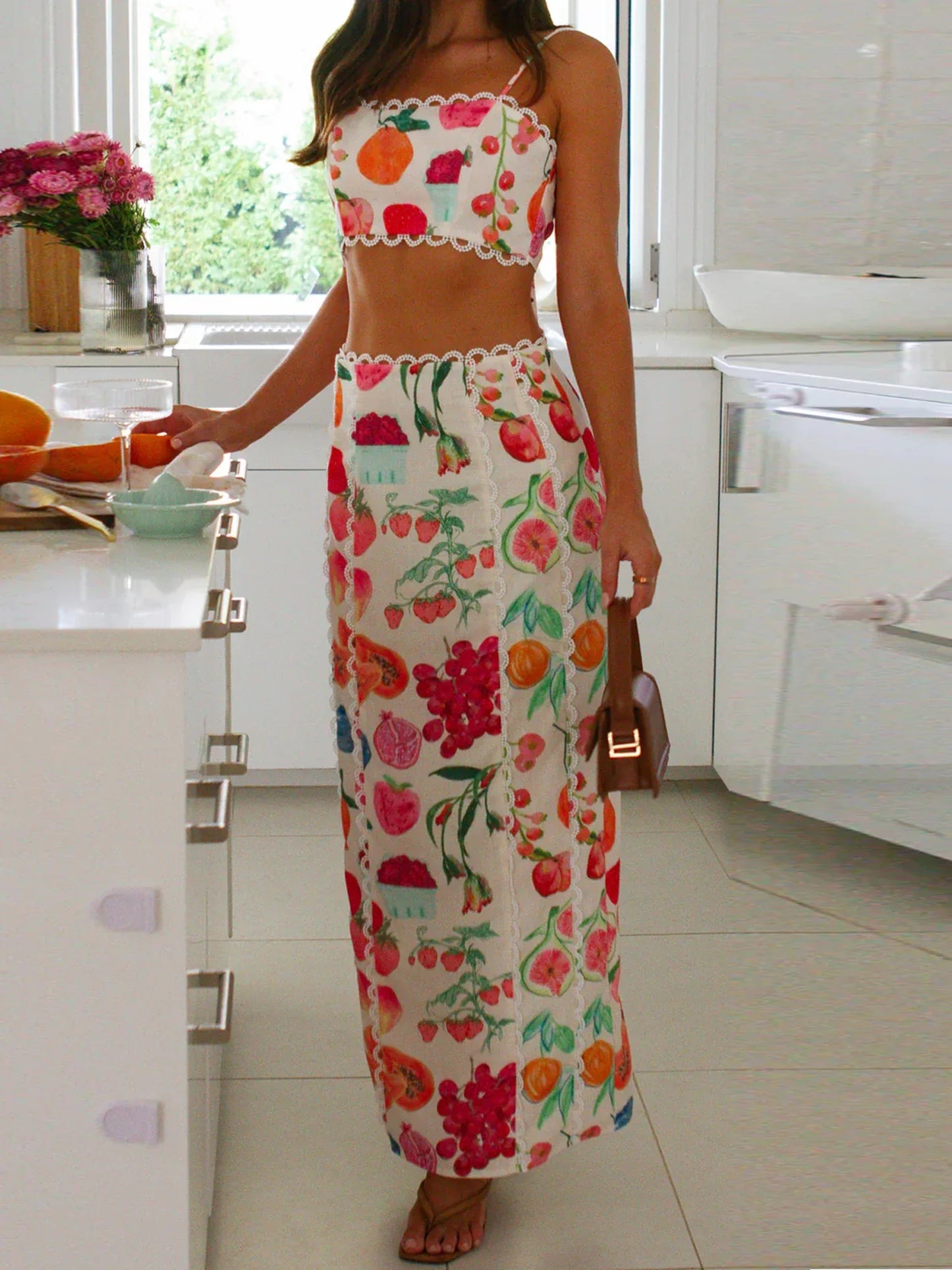 Women's Two Piece Set with Fruit Print Crop Top and Maxi Skirt